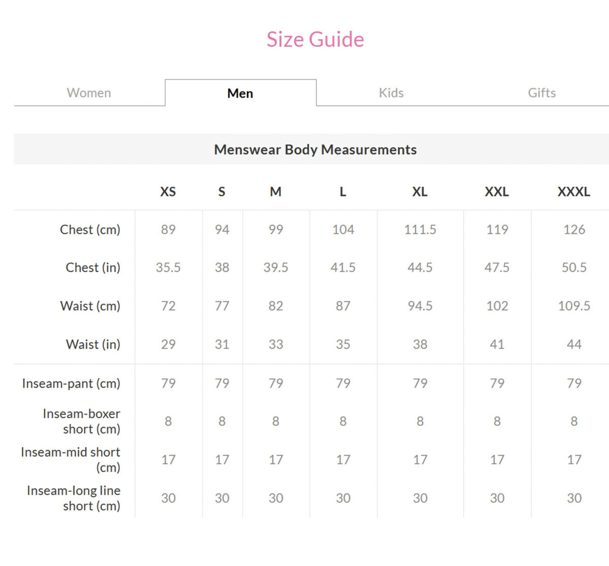 peter alexander size guide