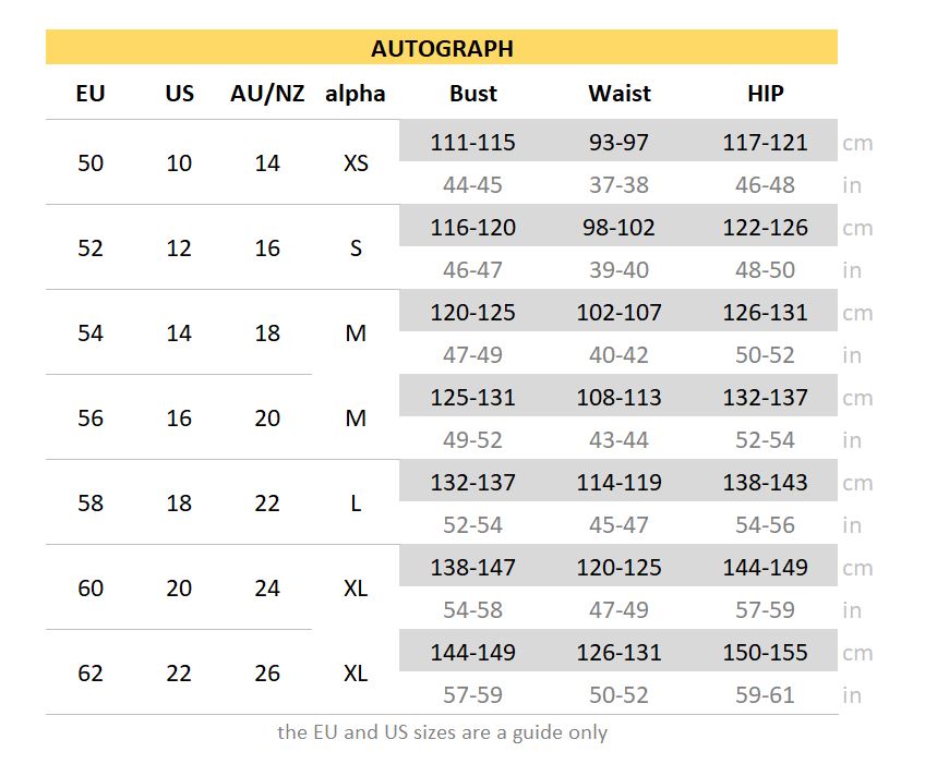 autograph clothing size chart