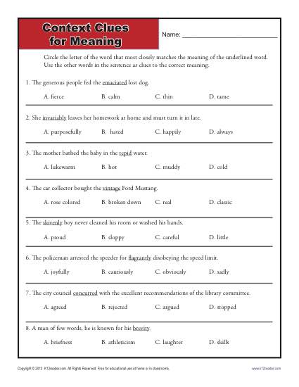 context clues worksheets grade 8