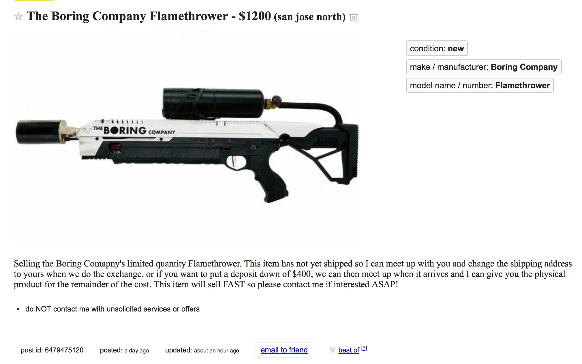 elon musk flamethrower price