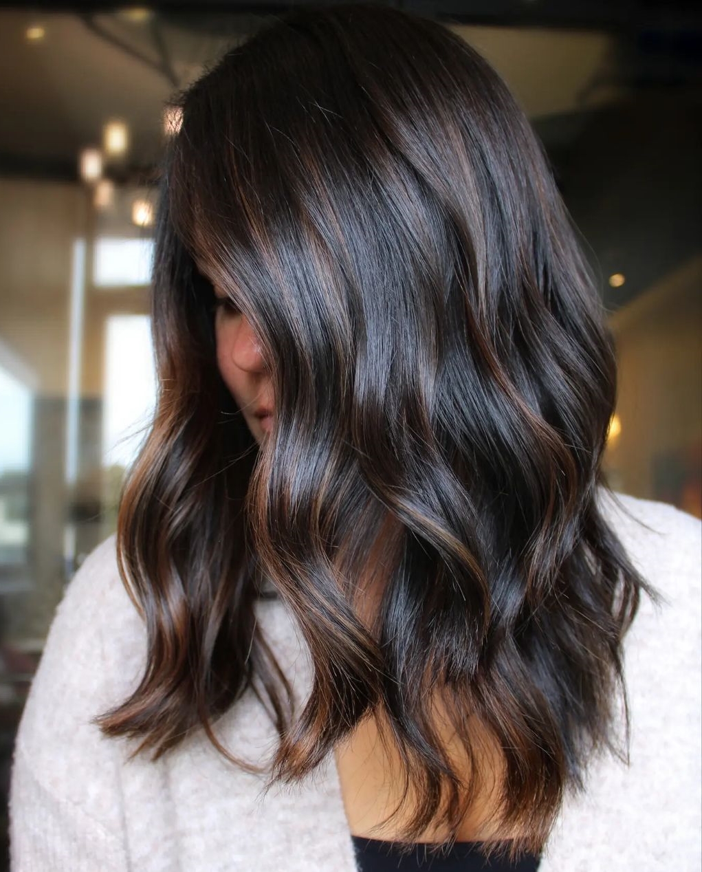 balayage dark brown hair with lowlights