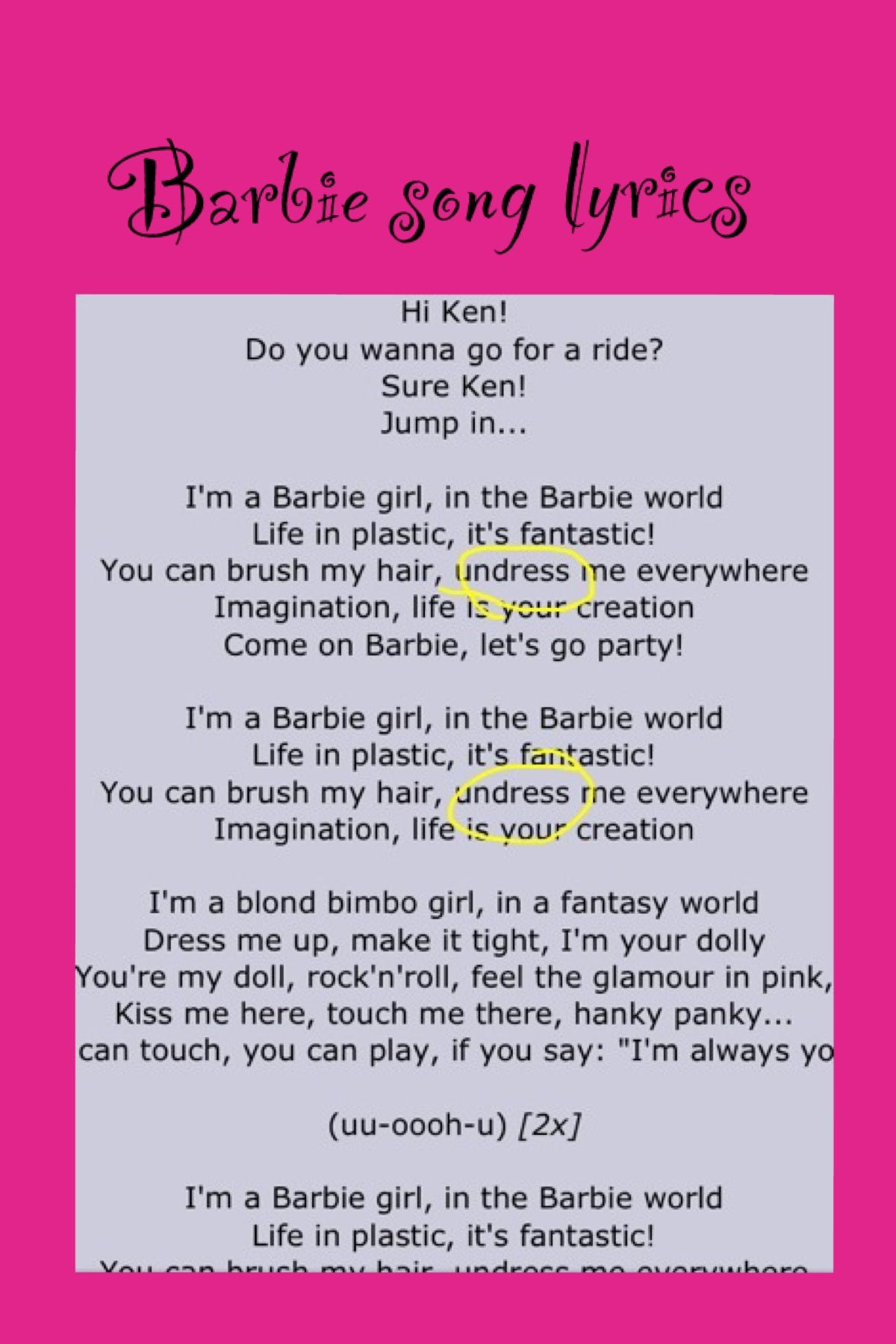 barbie songs in lyrics