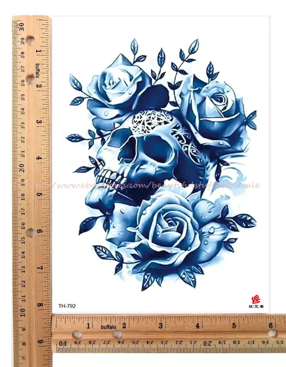 blue rose skull tattoo