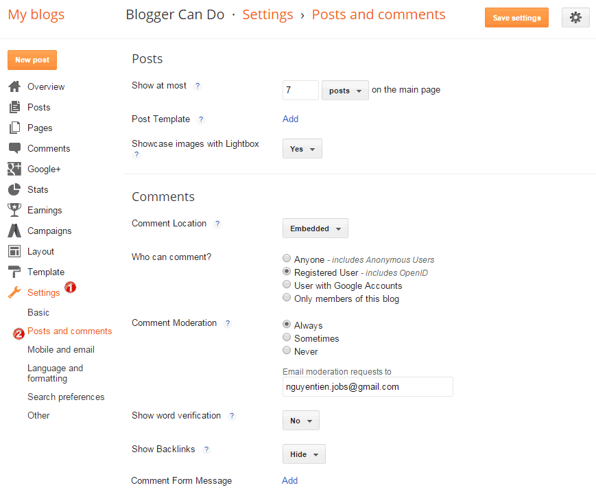 blogger account settings