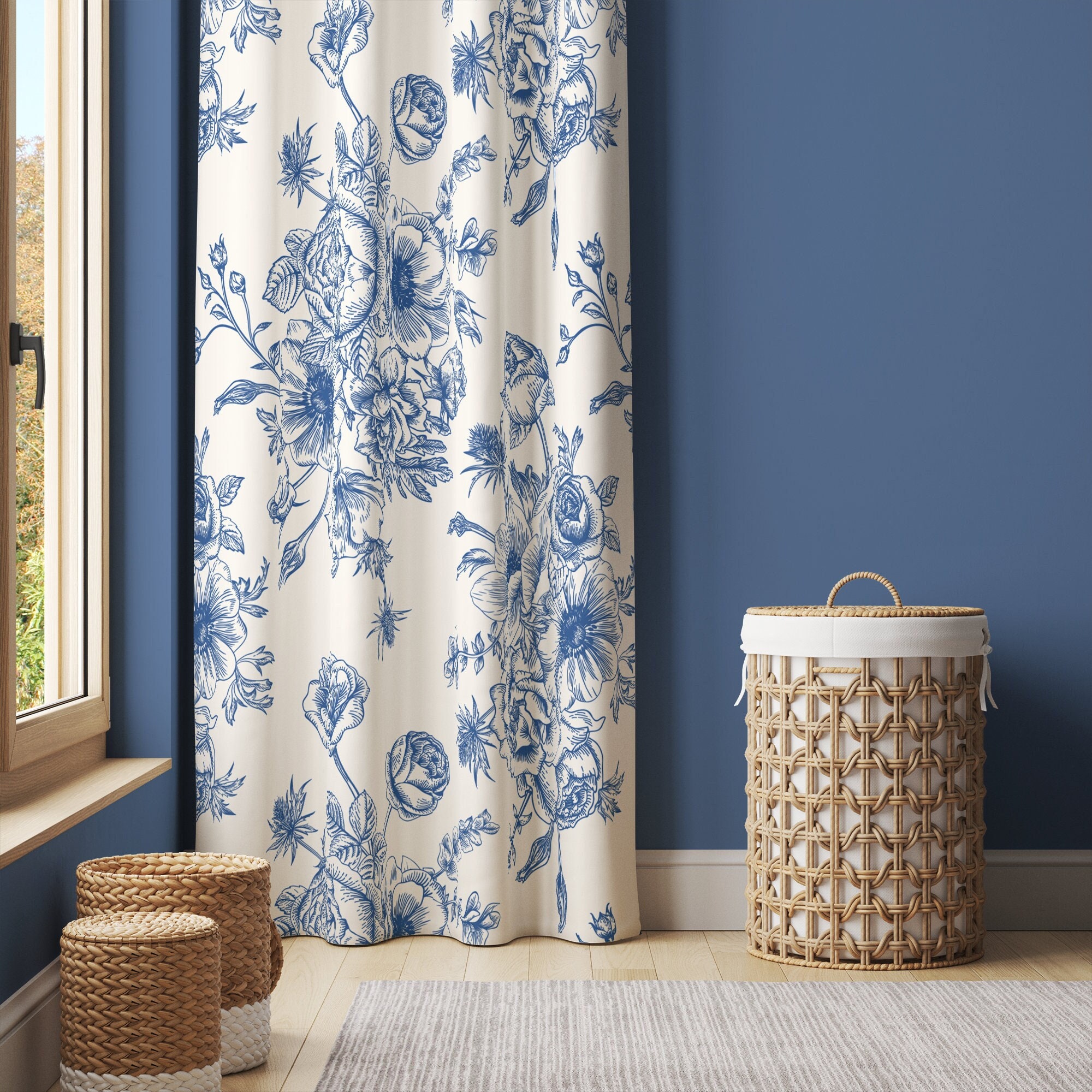 blue floral drapes