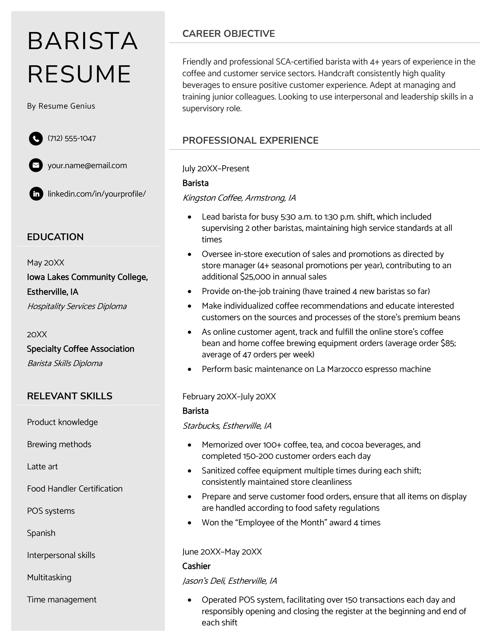 job description of starbucks barista for resume