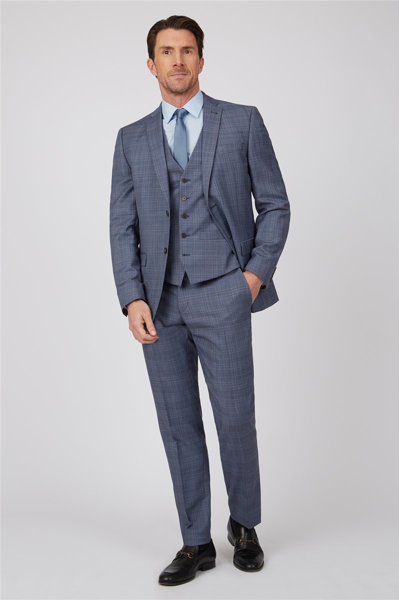 moss bros blue check suit