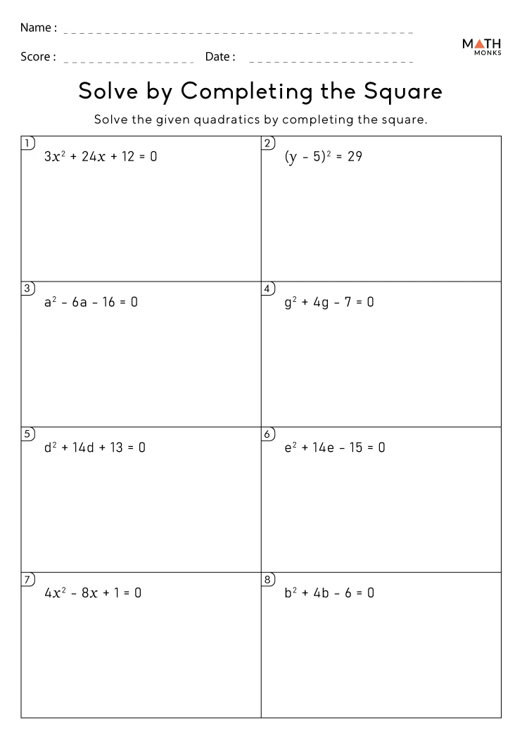 worksheet on completing the square