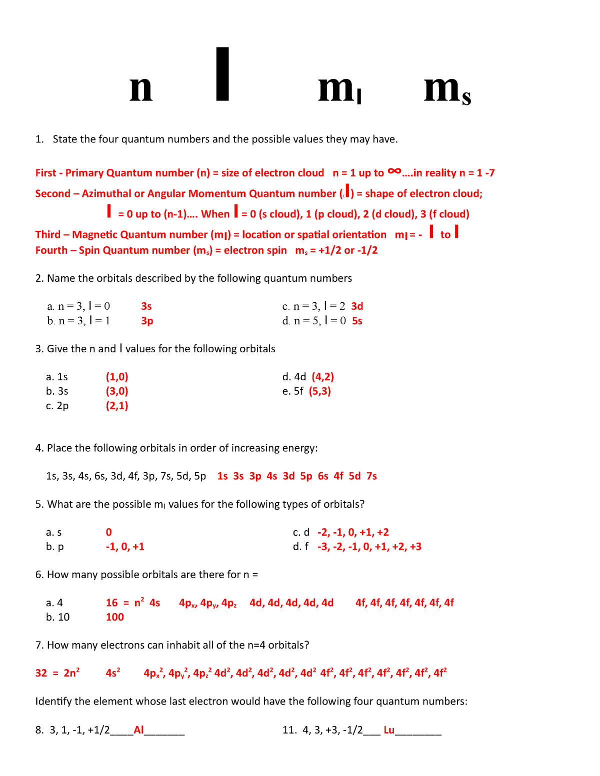 quantum numbers worksheet answers