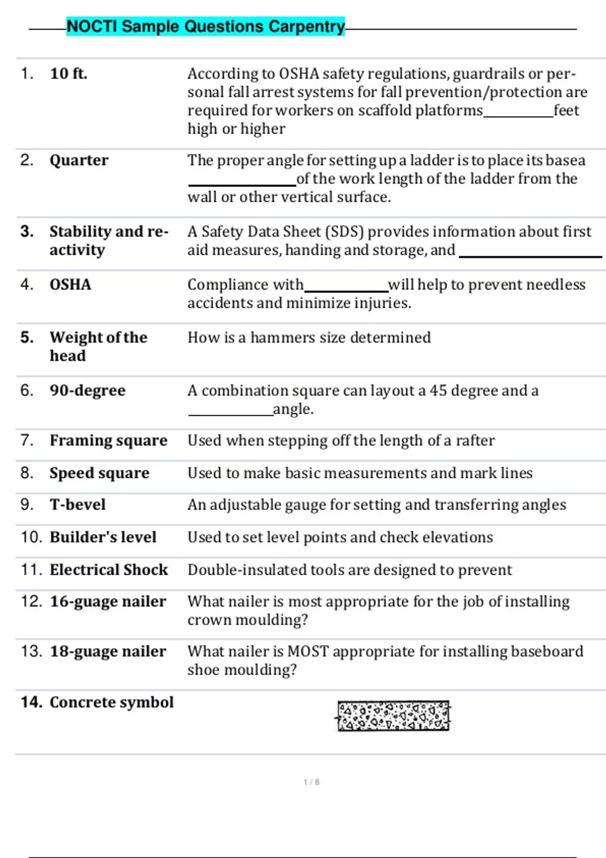 carpentry test questions and answers pdf