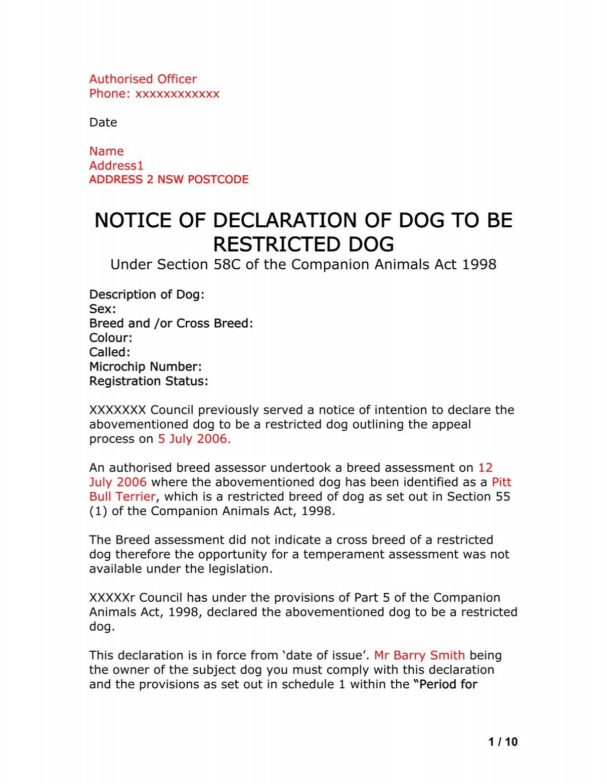 companion animals act 1998