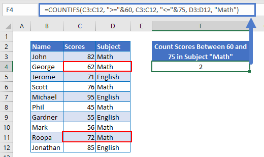 countif in between two numbers