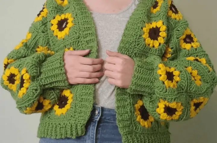 crocheted granny square cardigan