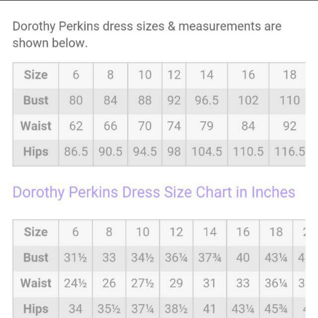 dorothy perkins pants size chart