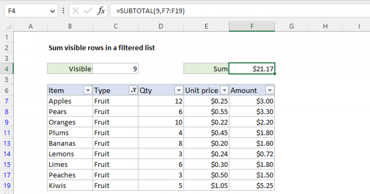 excel sum without hidden cells