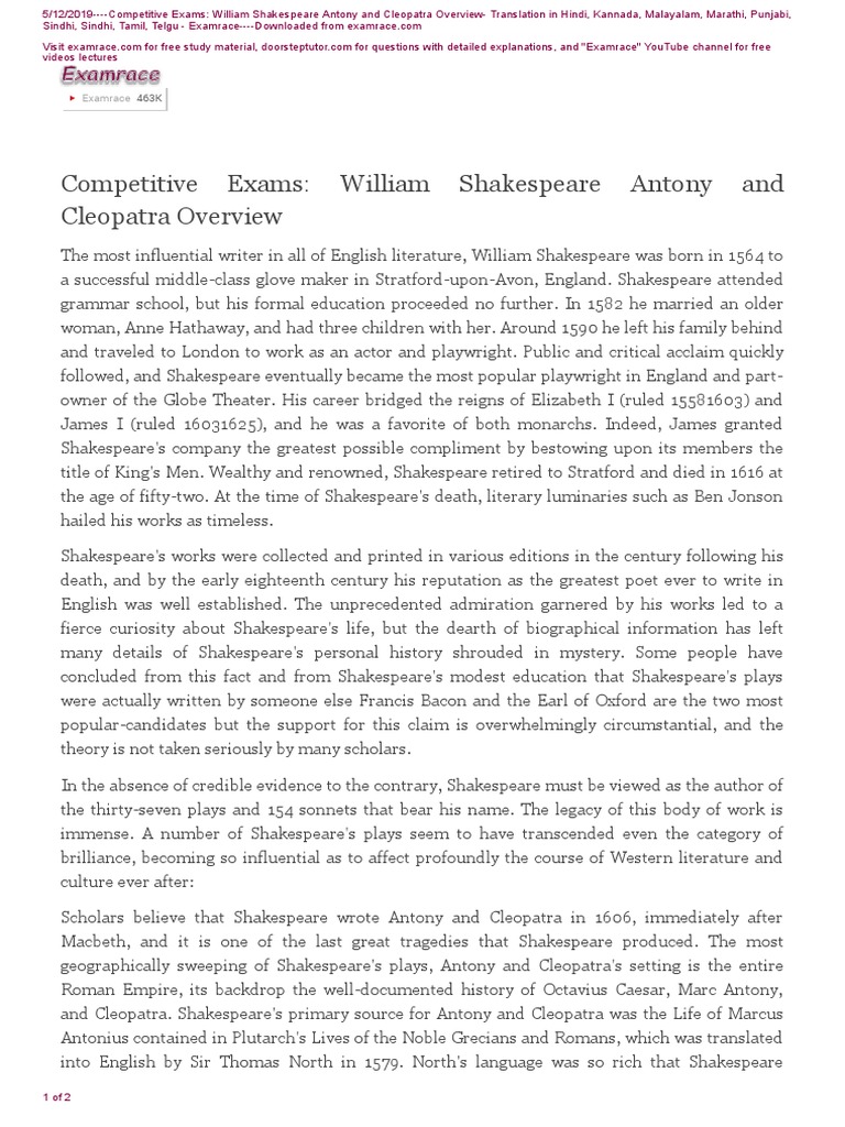 antony and cleopatra summary pdf