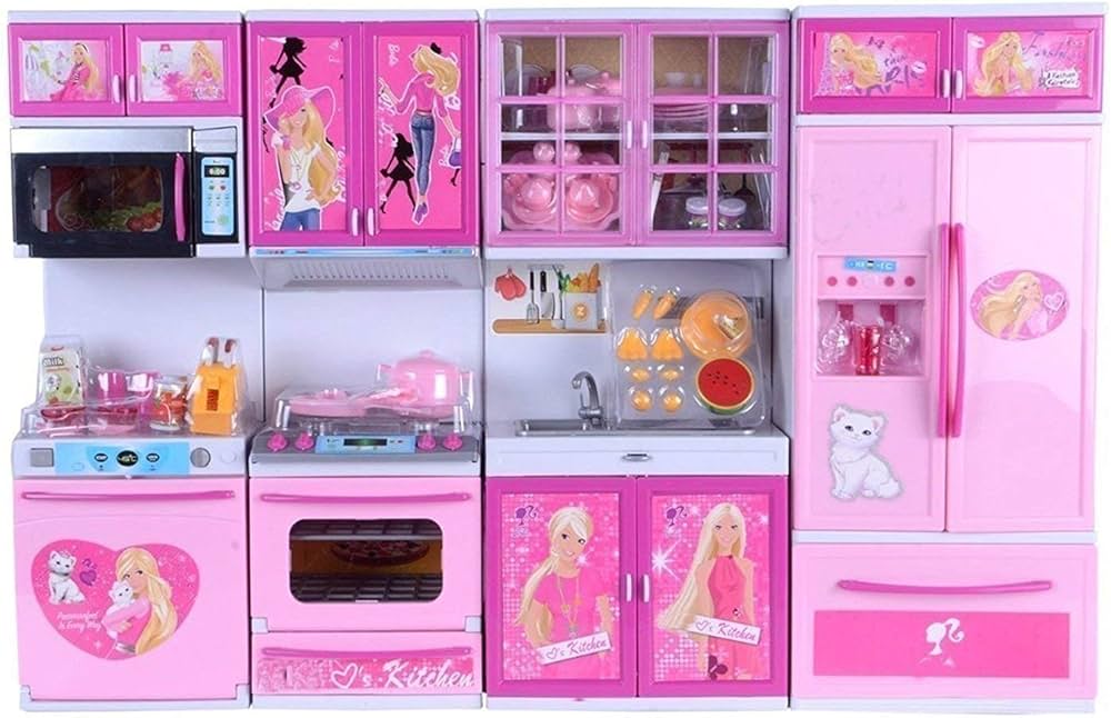 barbie doll and kitchen set