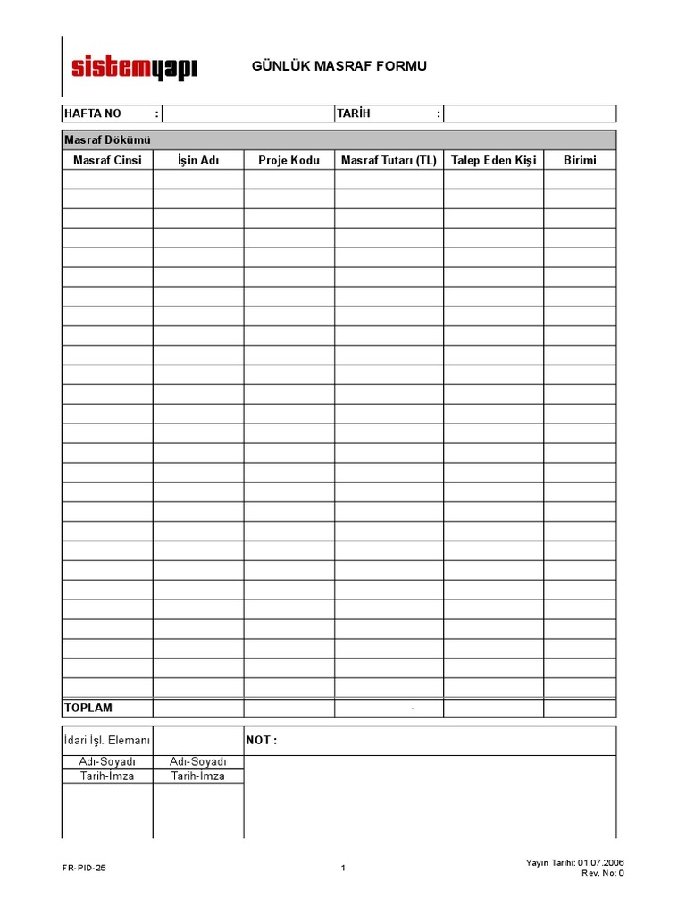 excel masraf formu