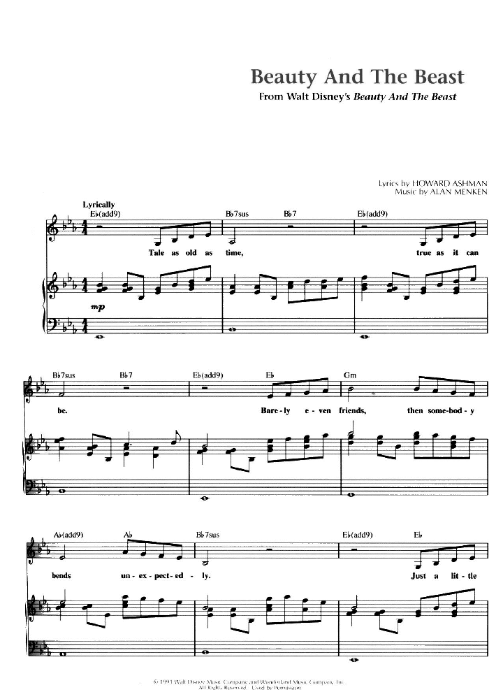 beauty and the beast sheet music