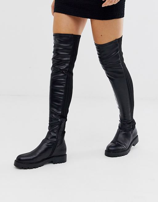 flat thigh high boots leather