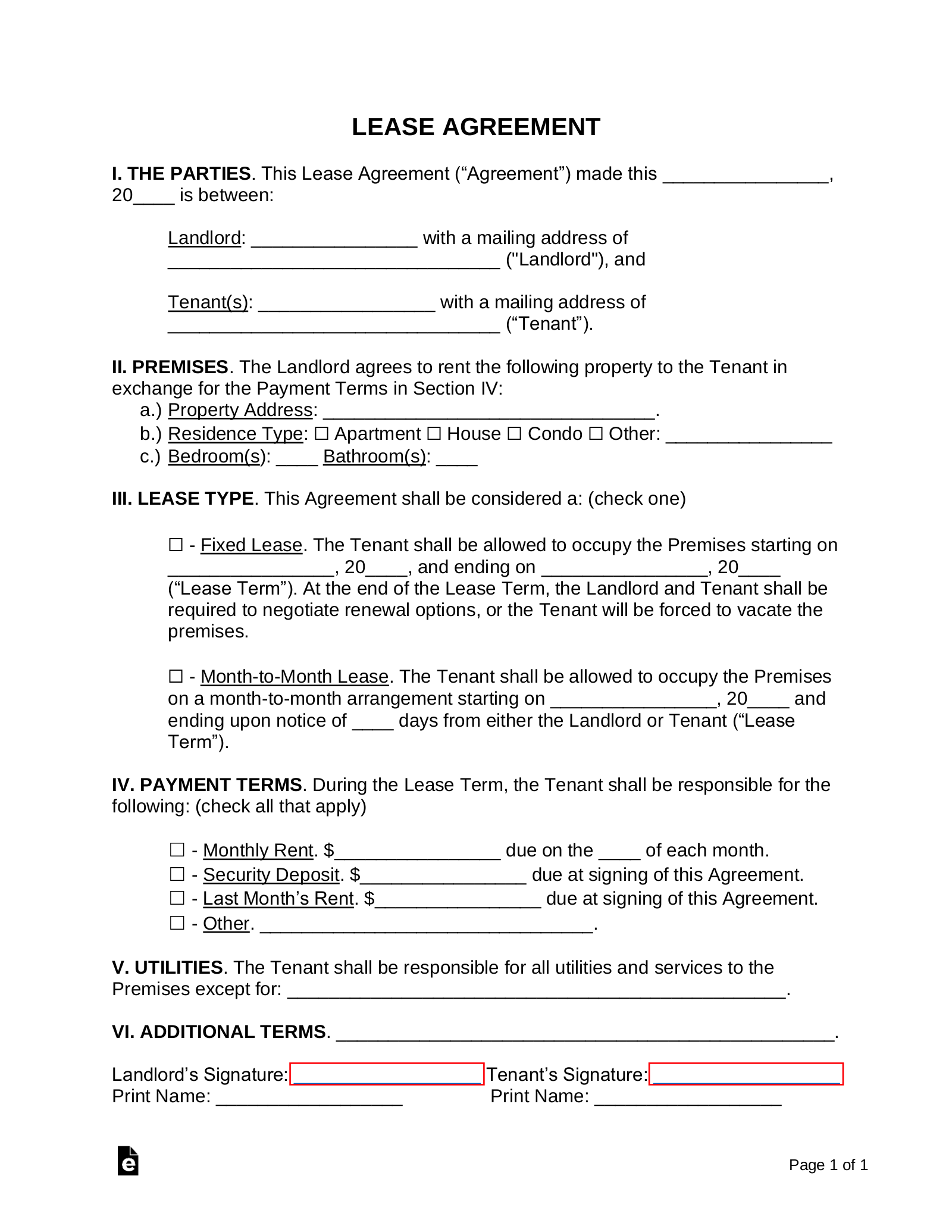 free printable blank lease agreement