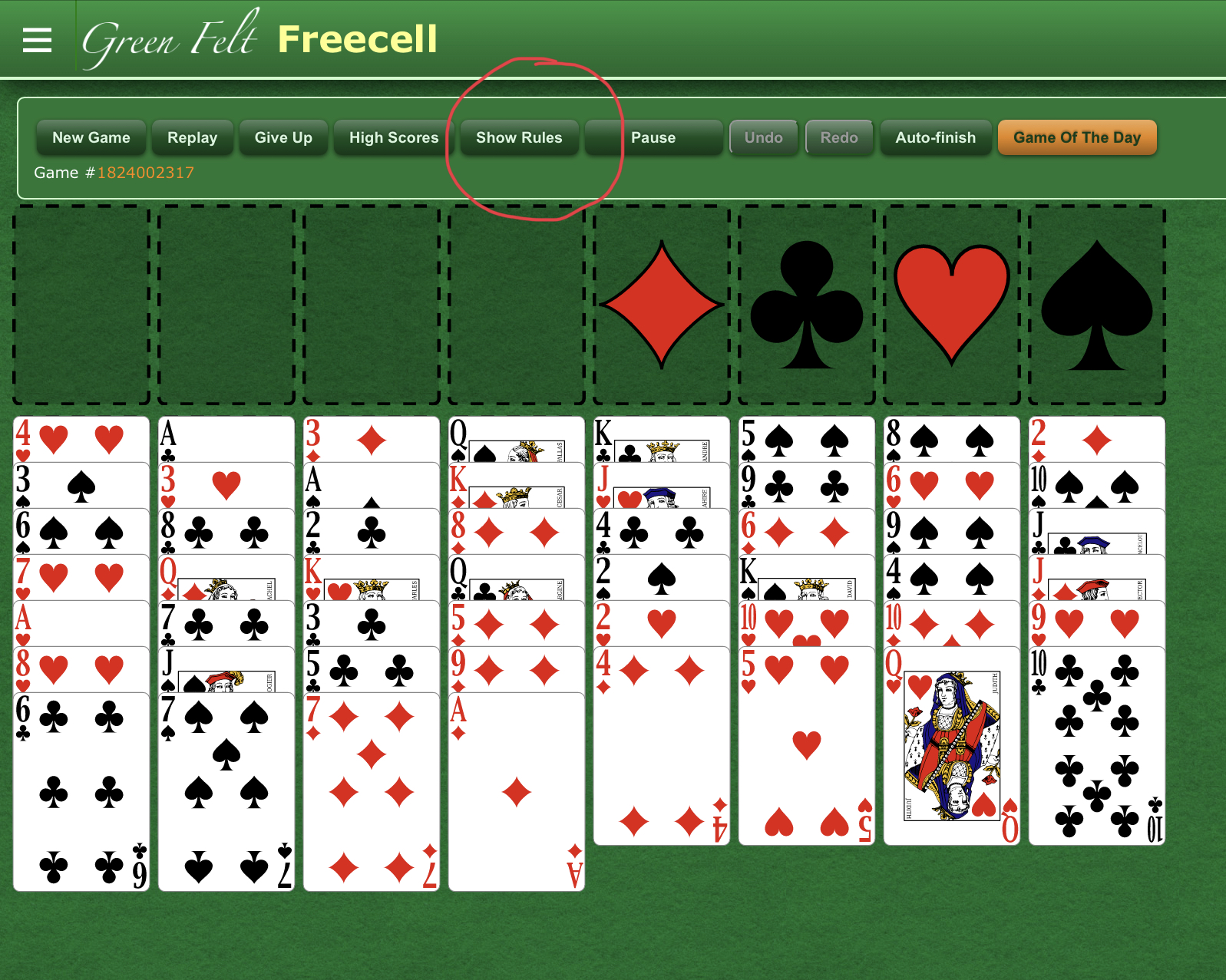 freecell card game green felt