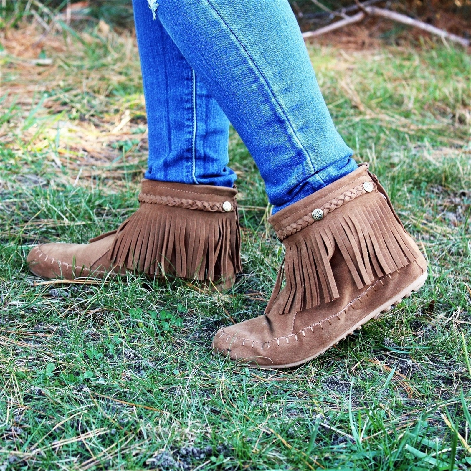 fringe moccasin boots womens