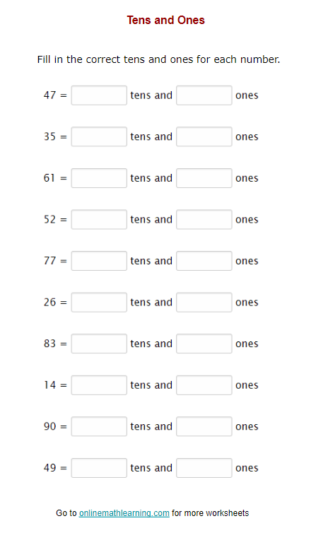 grade 1 tens and ones worksheets