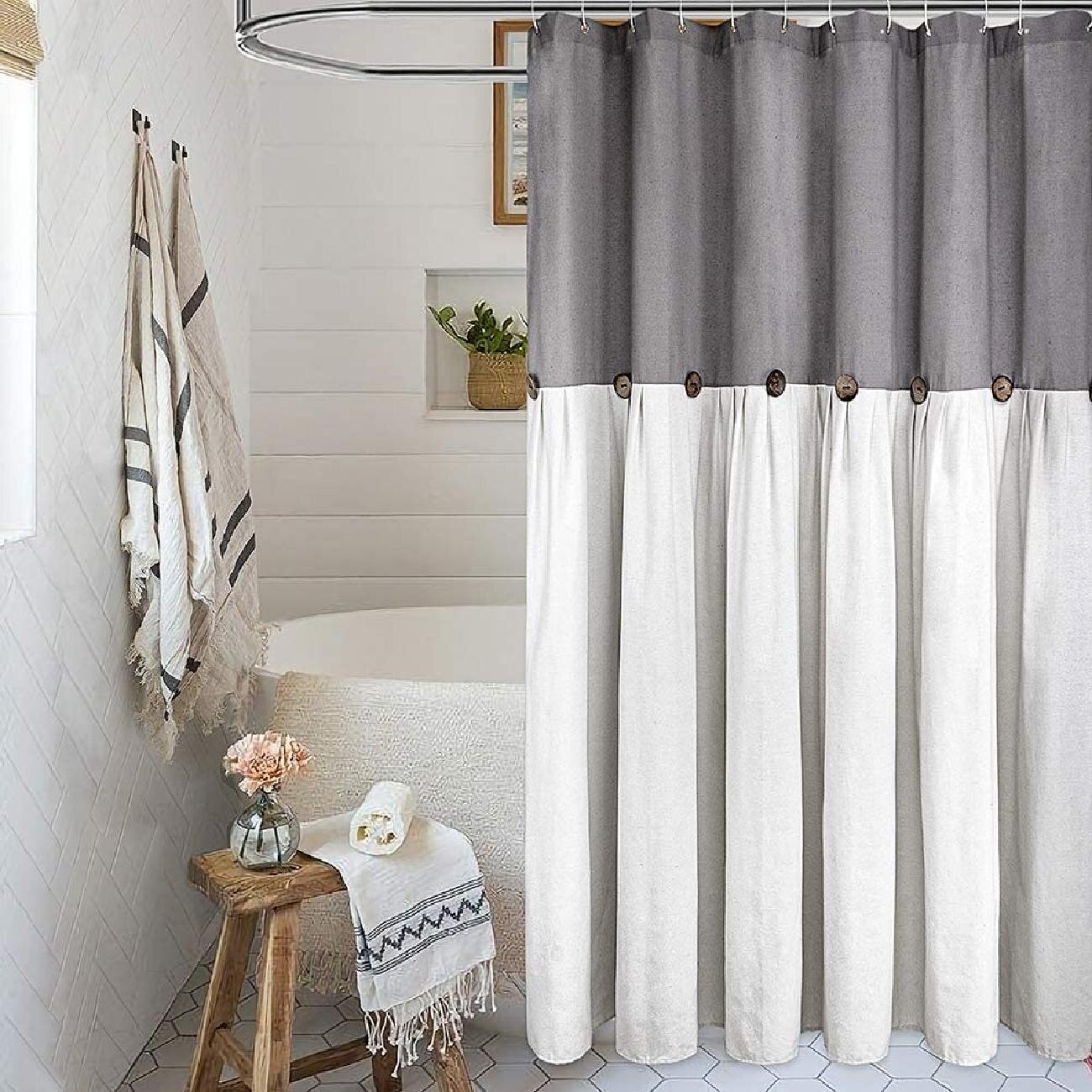 gray and white shower curtain