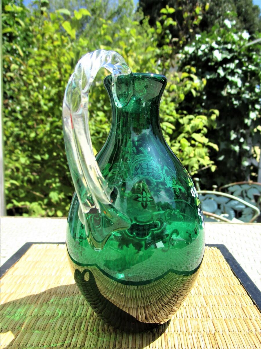 hand blown green glass pitcher