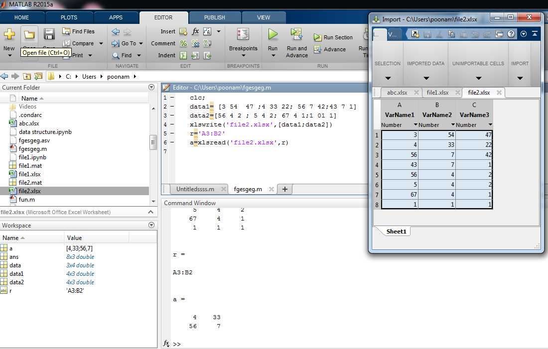 how to open excel file in matlab