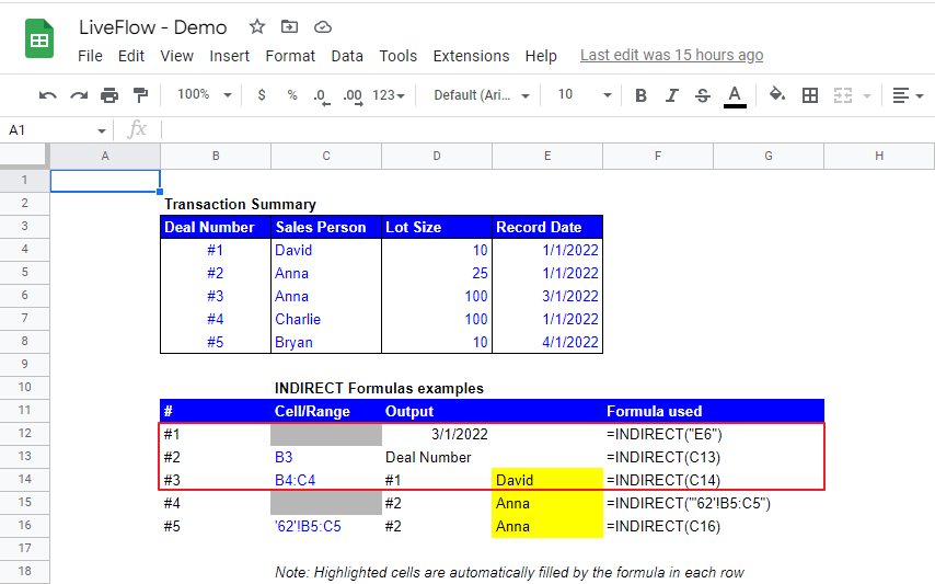 how to use indirect function in google sheets