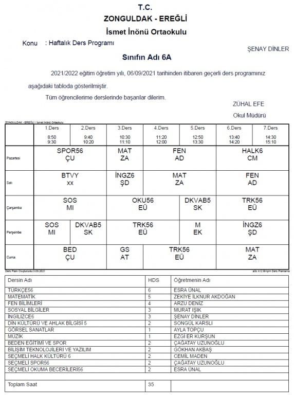 ismet inönü ortaokulu gaziantep ders programı