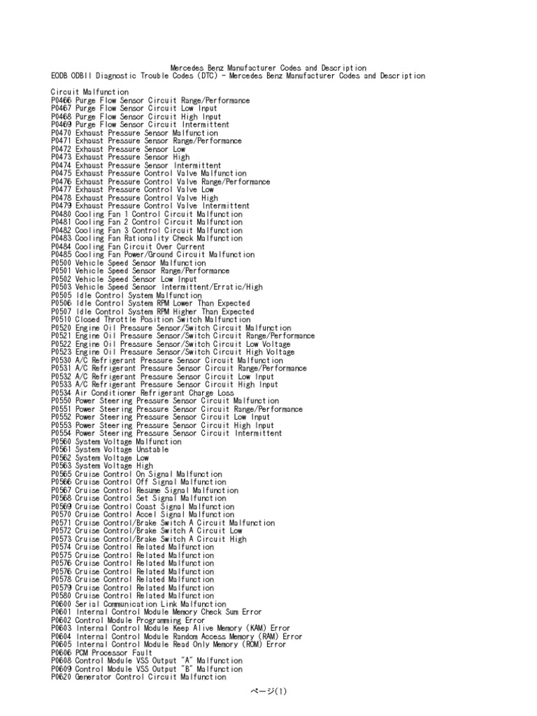 mercedes fault code list