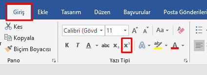 metre kare işareti word