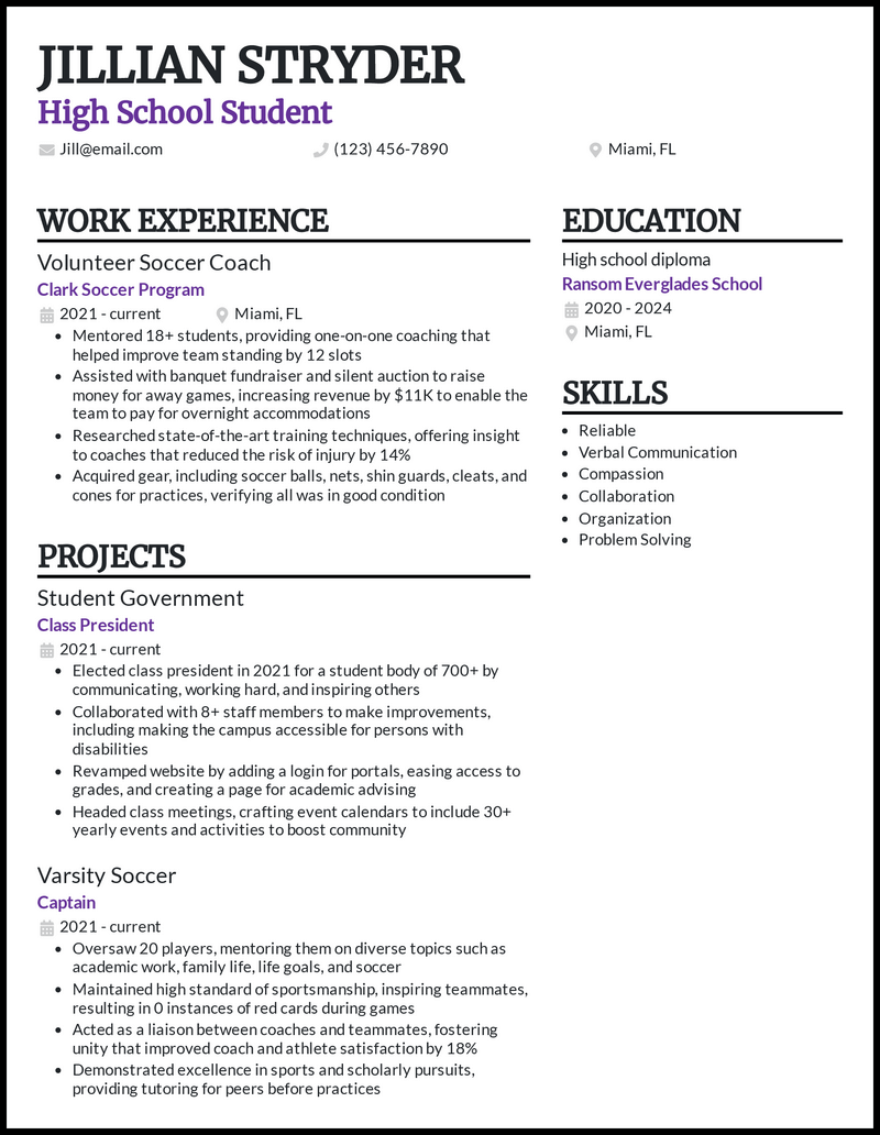 resume high school student