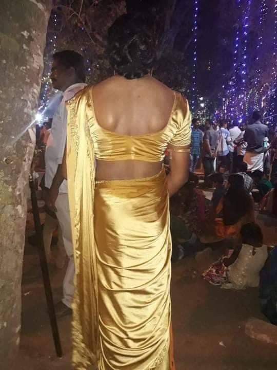 satin saree aunty back