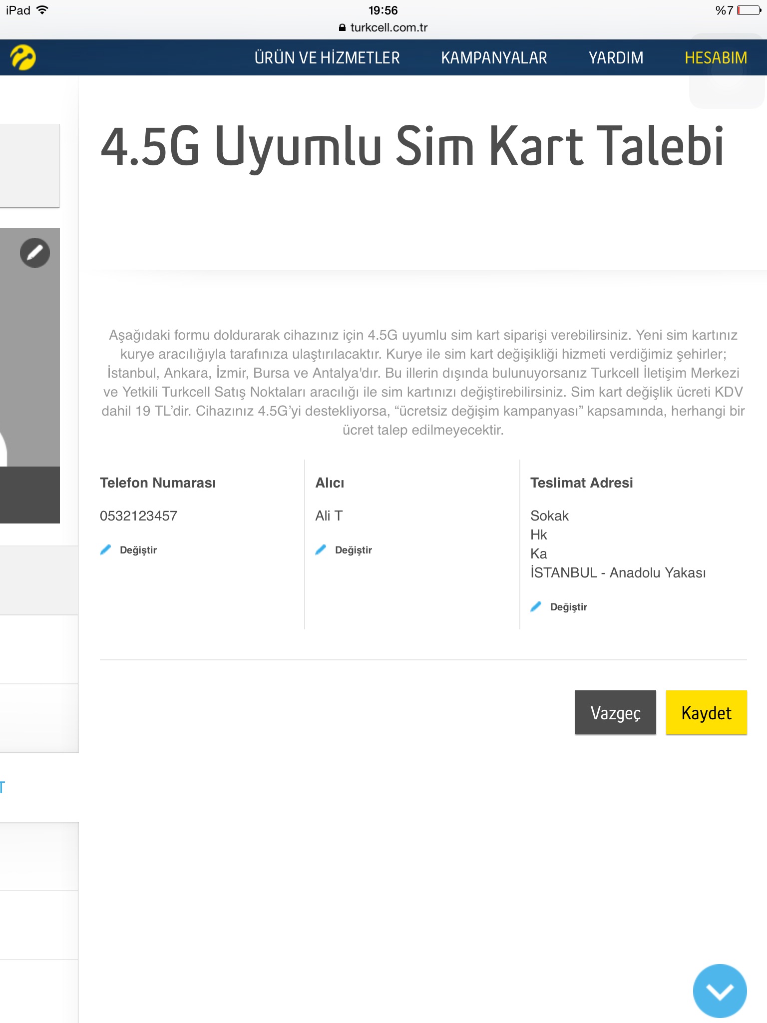 sim kart değişim ücreti