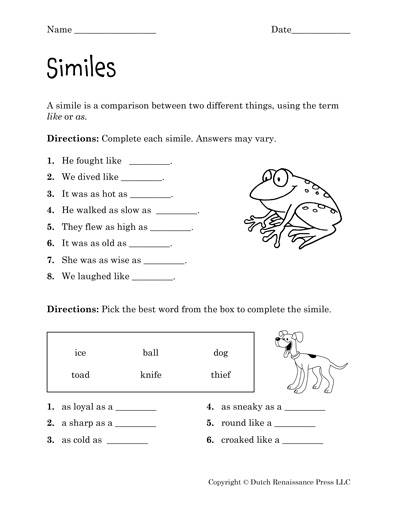 simile worksheet for grade 3