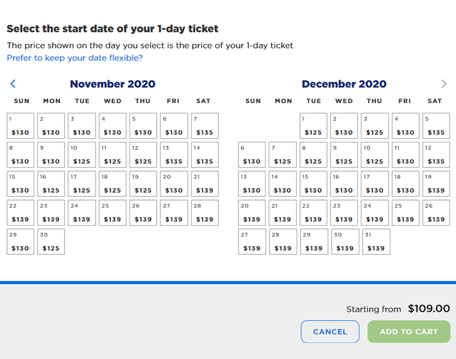 universal 1 day 2 park ticket price