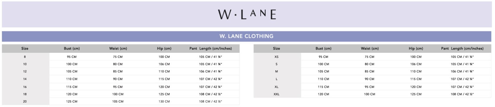 w lane size chart