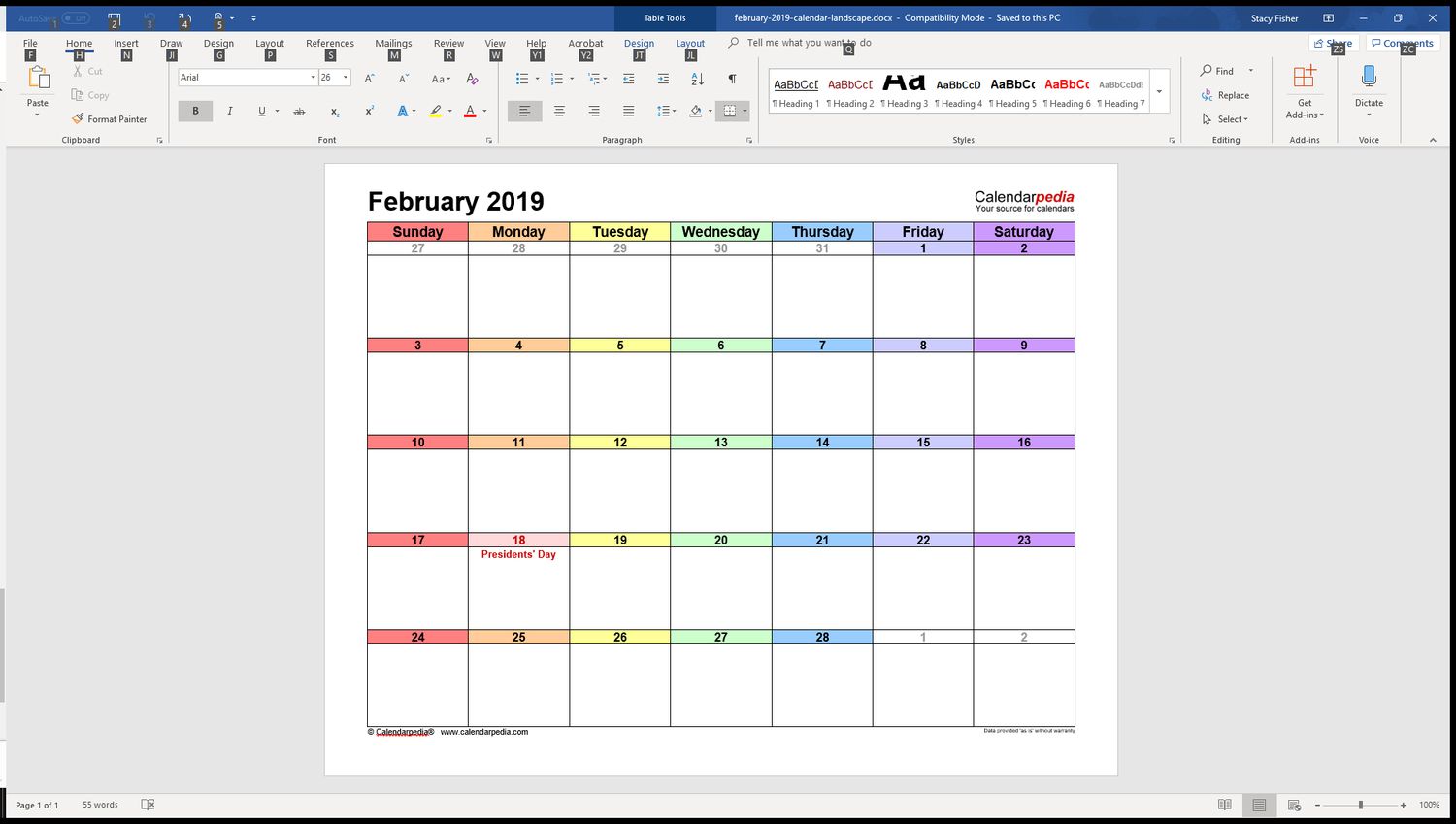 word doc calendar template