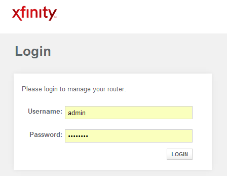 xfinity router default admin password